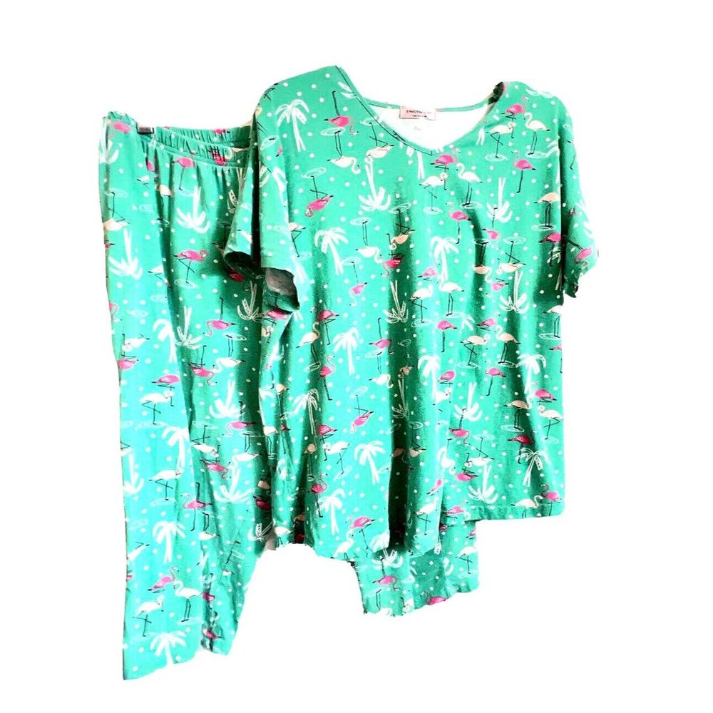 ENJOYNIGHT Green Sleepwear P J Set 2 Sz XL Pink Flamingo Short Slvs Capri Pants